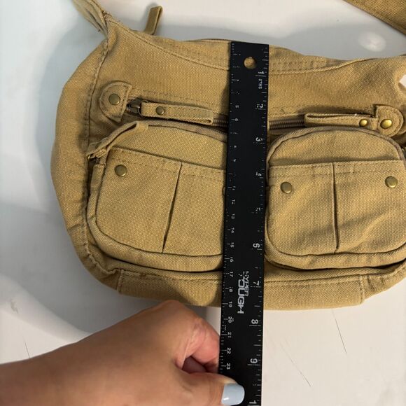 Vintage Y2K 90s Purse Bag Baguette Shoulder Bag Military Pockets Canvas Beige - Picture 7 of 9